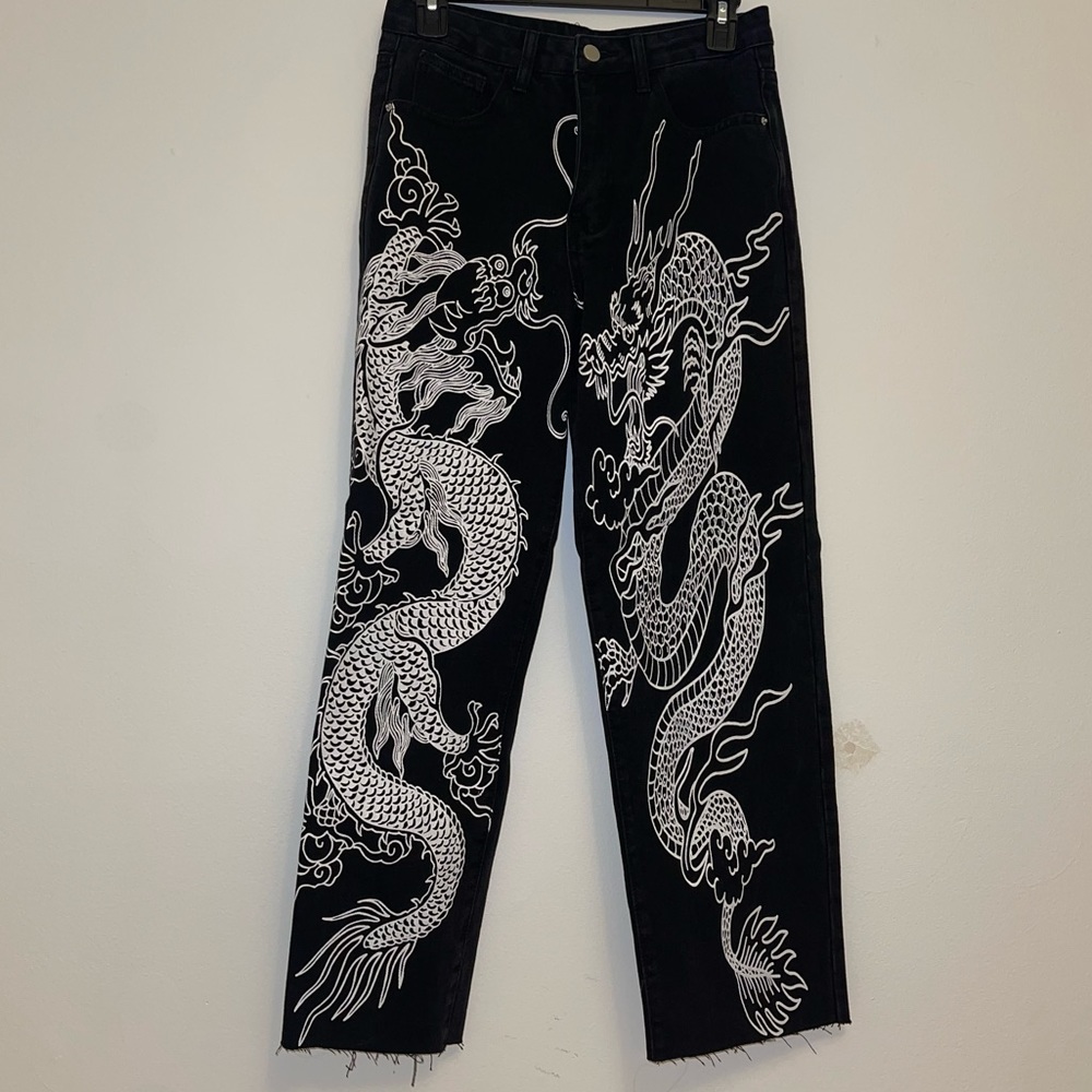 Raw hem black dragon straight leg jeans